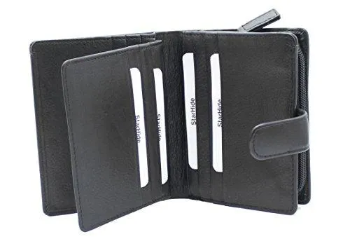 STARHIDE Women Genuine Leather Clutch Wallet with Id Window and Side Zipped Coin Pouch 5530