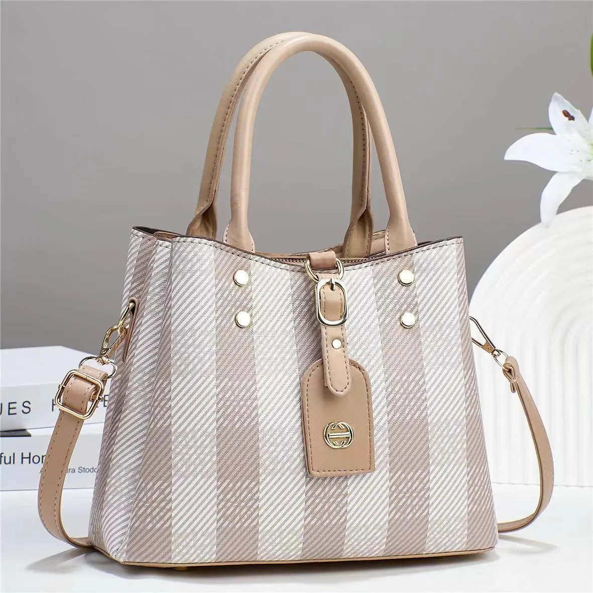 Striped Lambskin Satchel black and gary
