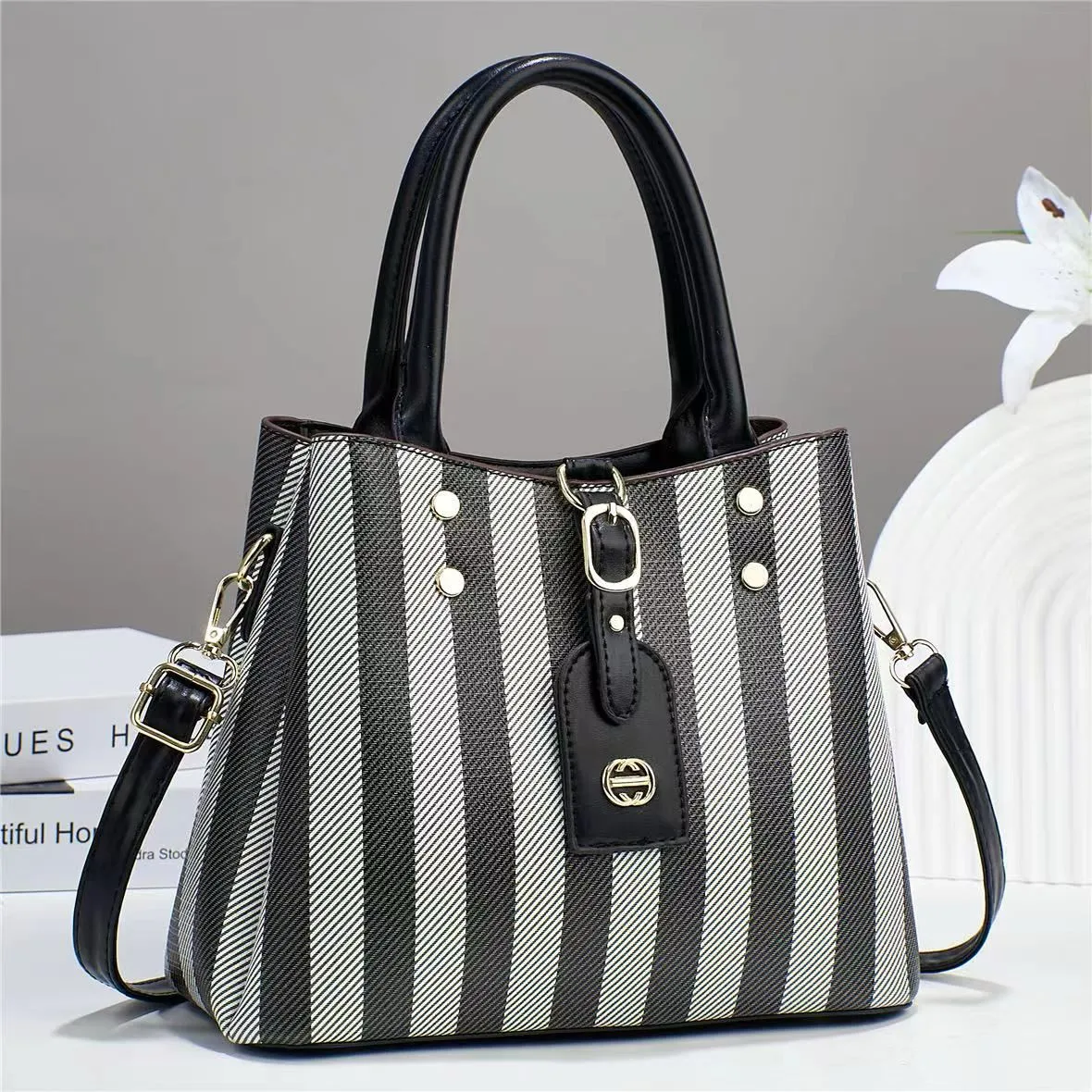 Striped Lambskin Satchel black and gary
